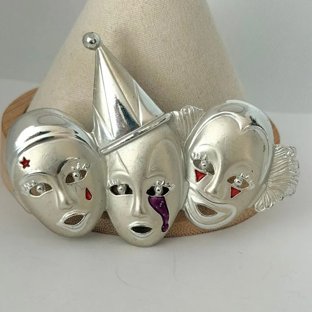Vintage Silver Tone Triple Clown Theater Mask Enamel Brooch